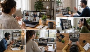 Remote employees collaborating via video calls from modern home offices with laptops and digital devices in a connected remote work setup