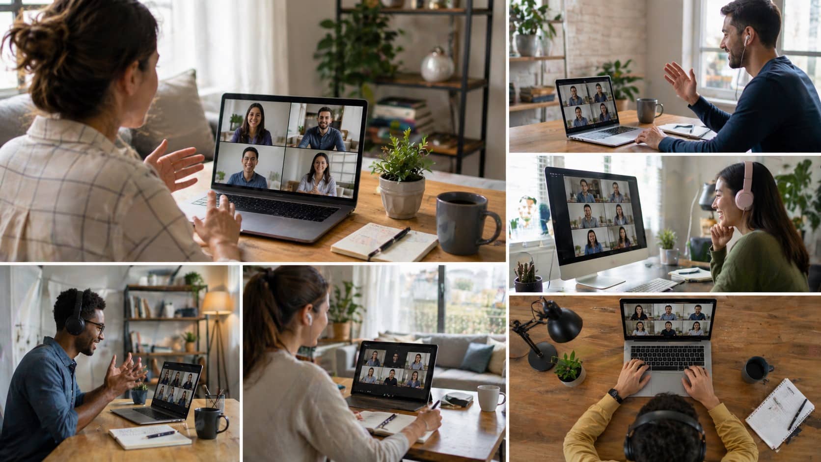 Remote employees collaborating via video calls from modern home offices with laptops and digital devices in a connected remote work setup