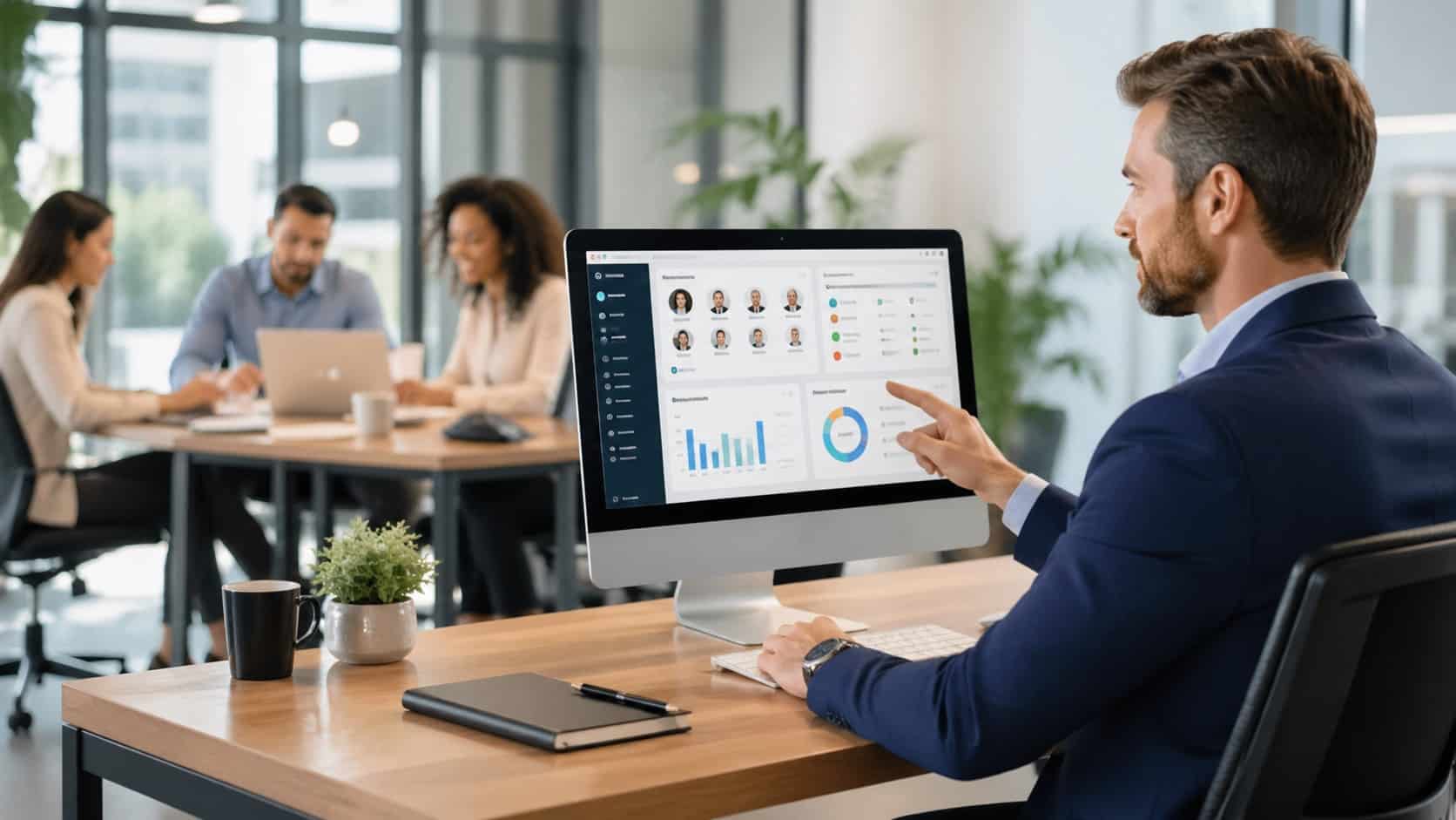 Manager using a team management app on desktop to organize and oversee team tasks in a modern office setting