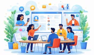 A team collaborating through digital communication tools, virtual meetings, and shared platforms in a modern workplace environment creating a great teamwork culture.