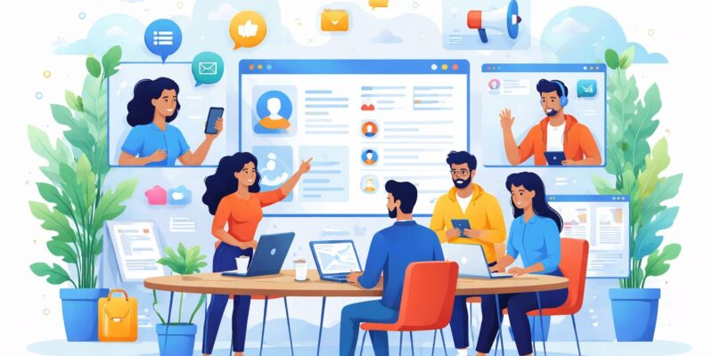 A team collaborating through digital communication tools, virtual meetings, and shared platforms in a modern workplace environment creating a great teamwork culture.