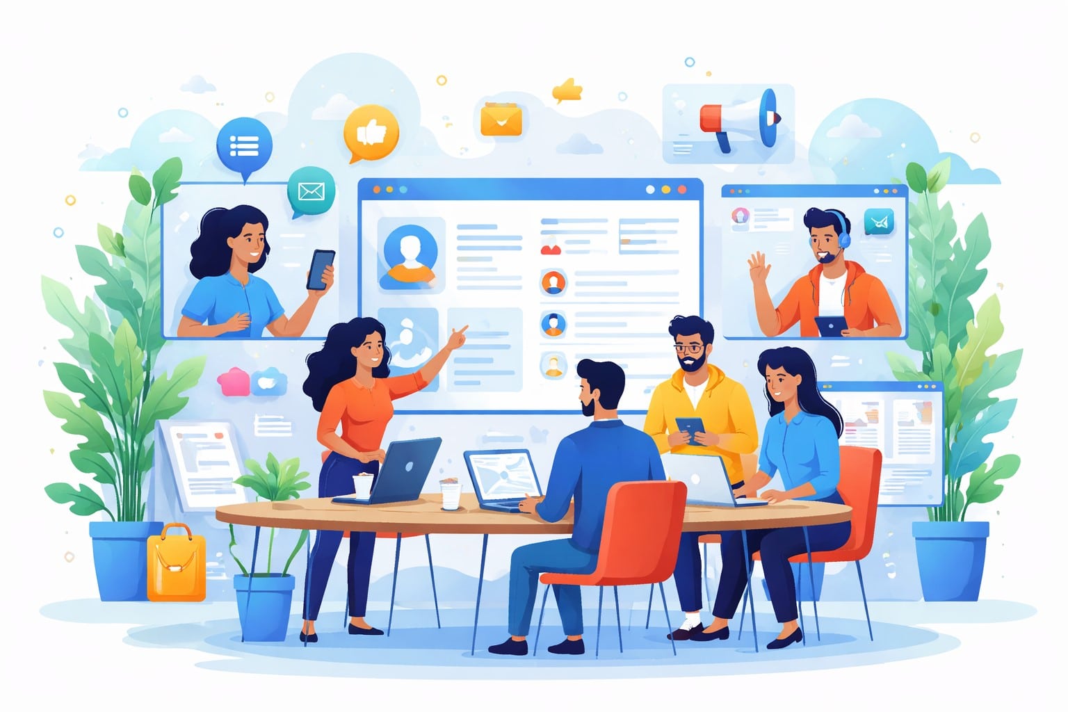 A team collaborating through digital communication tools, virtual meetings, and shared platforms in a modern workplace environment creating a great teamwork culture.