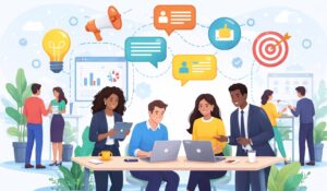 Diverse employees collaborating, sharing ideas, and working together in a modern office environment demonstrating good teamwork example