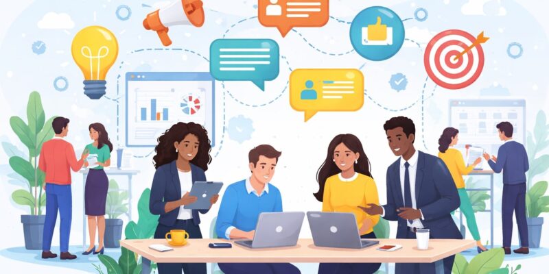 Diverse employees collaborating, sharing ideas, and working together in a modern office environment demonstrating good teamwork example