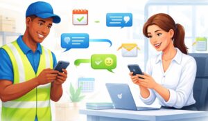 Two way text messaging between employee and manager using mobile phones for workplace communication.