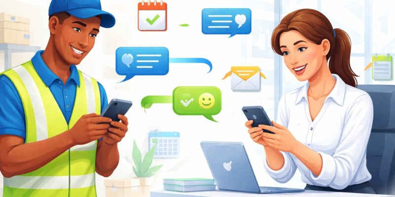 Two way text messaging between employee and manager using mobile phones for workplace communication.