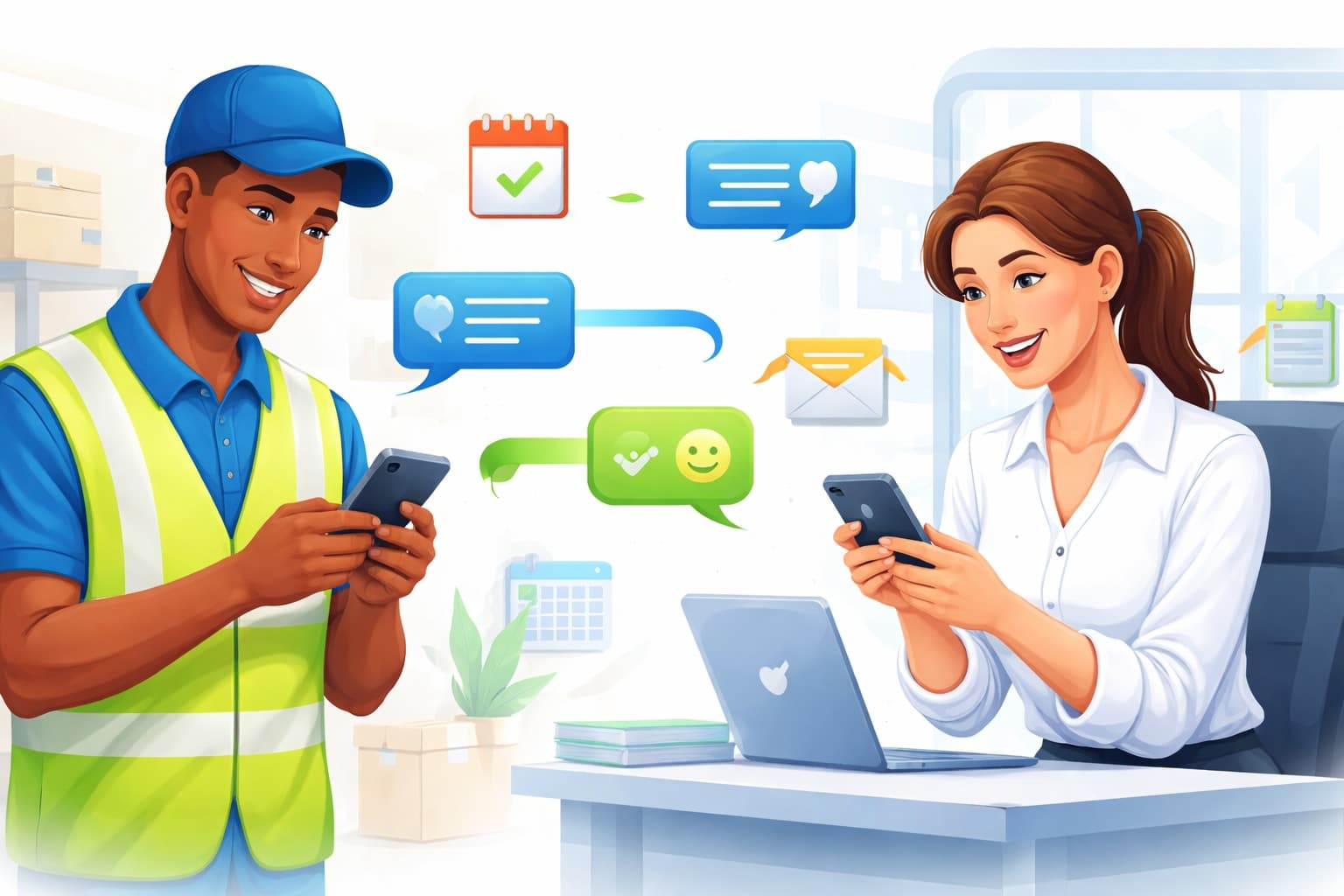 Two way text messaging between employee and manager using mobile phones for workplace communication.