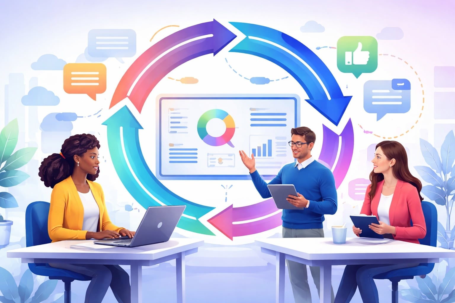 employees reviewing data and discussing insights to understand what is a feedback loop cycle.