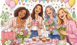 Illustration of women celebrating women's day at work with flowers and gifts