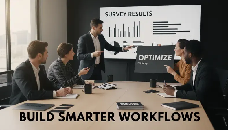 Diverse group of employees collaborating around a conference table with survey results displayed on a large screen