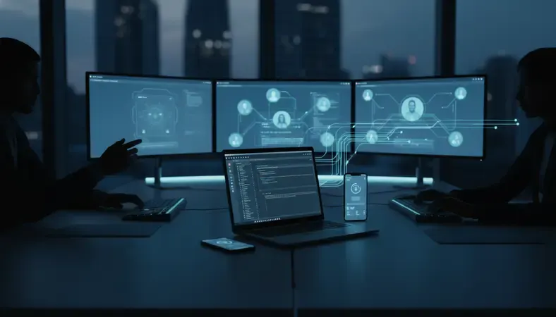 Modern office workspace showing multiple screens with collaboration software interfaces and team members working together