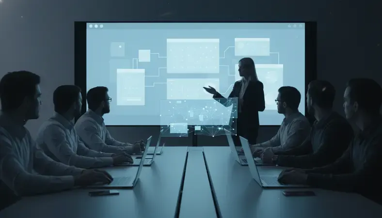 Training session showing team members learning to use collaboration software with instructor demonstrating features on a large screen