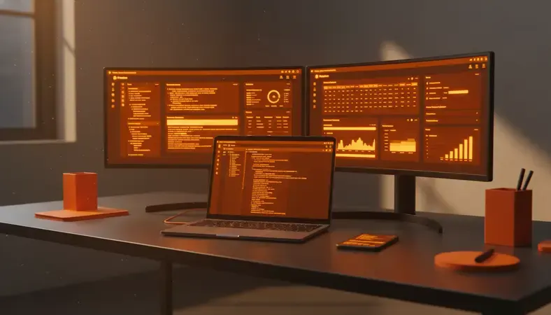 Modern office workspace with multiple computer screens displaying employee scheduling software dashboards and time tracking interfaces
