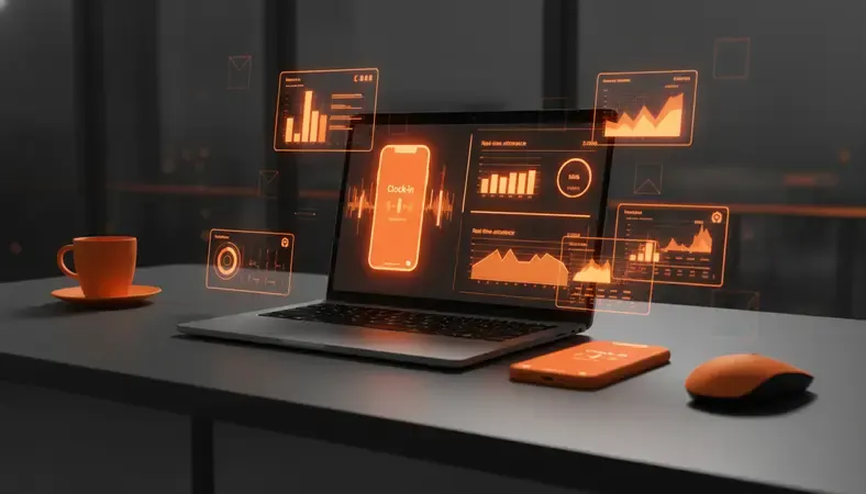 Split screen showing employee using mobile app to clock in on left side and manager reviewing real-time attendance dashboard on right side