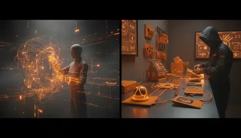 Split screen showing virtual training session and hands-on workshop environment