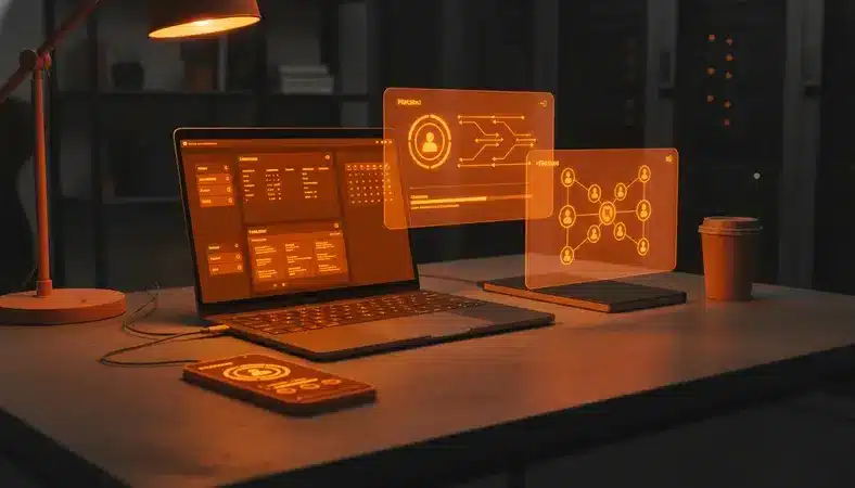 Split screen showing task management app features including kanban boards, calendar views, and team collaboration tools with progress indicators
