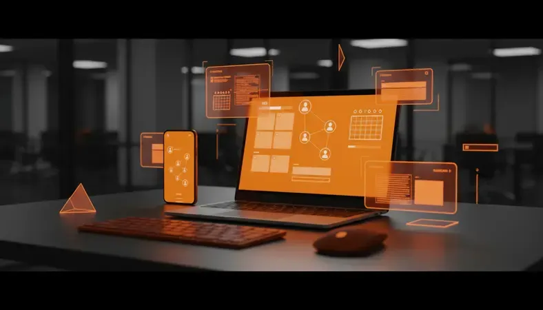 Modern office workspace showing digital scheduling dashboard on computer screen with calendar views and employee management interface