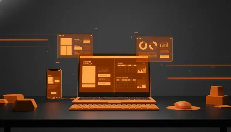 Split screen showing mobile app interface for employees and manager dashboard with scheduling tools and analytics