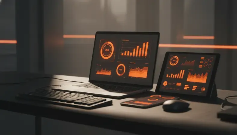 Dashboard showing ROI metrics, cost savings graphs, and performance analytics with charts and data visualizations