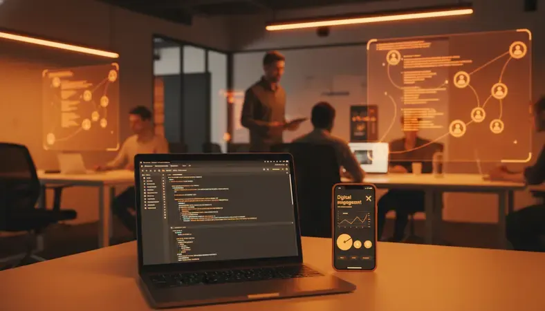 Modern workplace showing diverse employees collaborating in an open office environment with digital engagement tools displayed on screens