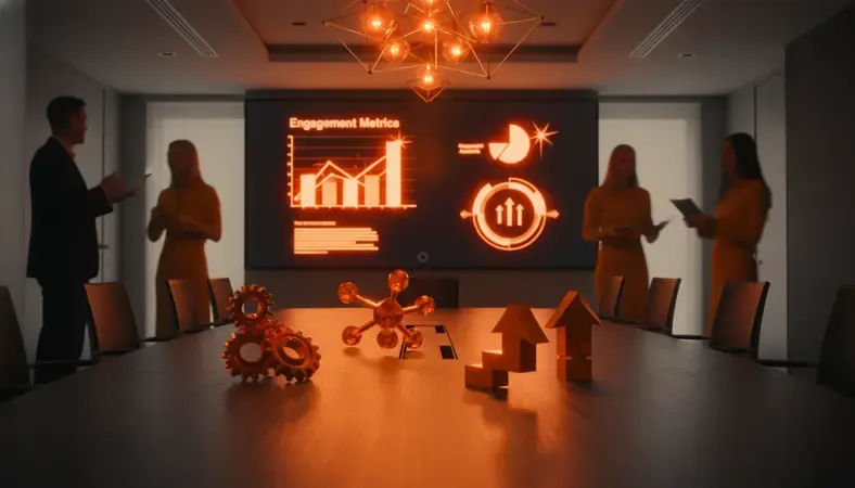 Team meeting in a conference room with engagement metrics displayed on a large screen, showing recognition awards and feedback systems