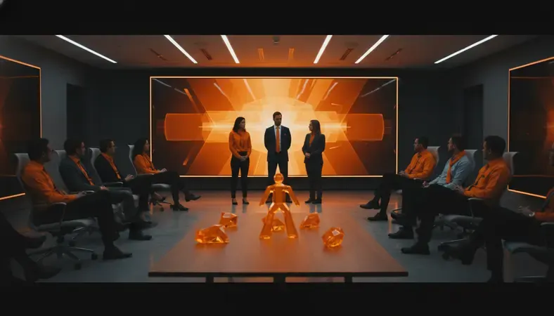 Leadership team presenting engagement results to employees in a modern meeting space with interactive displays