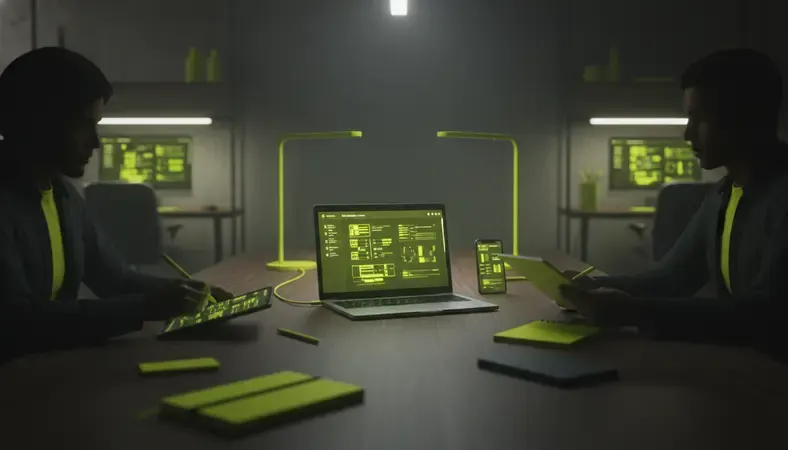 Team meeting with laptop showing scheduling software training session and employees taking notes