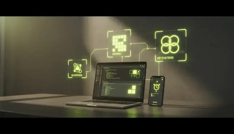 Visual representation of time clock app connecting to payroll and HR systems