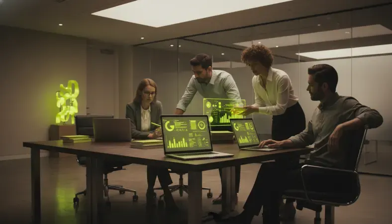 Professional team reviewing employee engagement survey results on laptops and tablets in a modern office setting