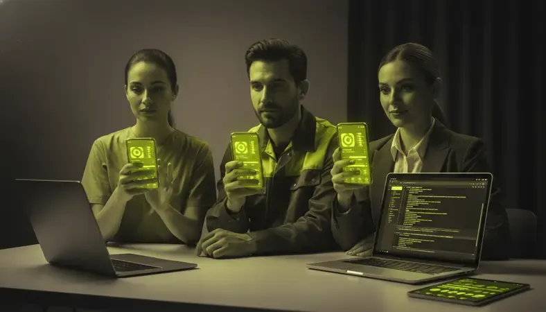 A diverse group of frontline workers — a nurse, a manufacturing employee, and a hotel worker — each viewing a mobile employee experience app on their phones