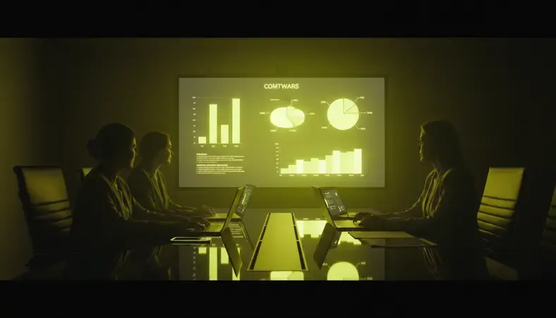 Team of HR leaders evaluating software options on a conference room screen with comparison charts