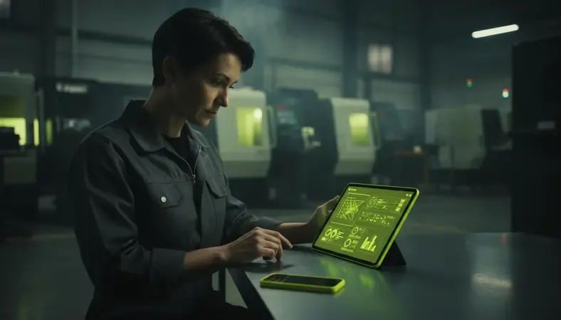 HR manager using employee experience software dashboard on a tablet in a manufacturing facility