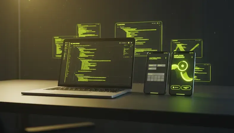 Side-by-side comparison of traditional HR portal versus modern employee experience software on mobile devices, showing engagement features