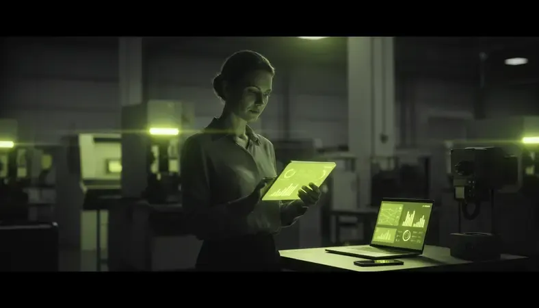 HR manager reviewing employee engagement platform dashboard on a tablet in a manufacturing facility