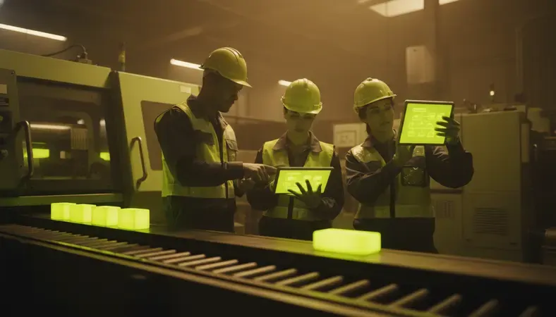 Frontline manufacturing workers using mobile devices to communicate with management on the production floor