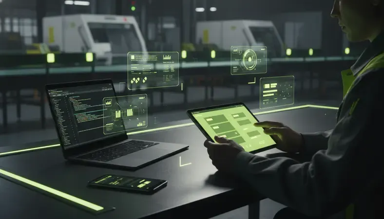 Training manager reviewing microlearning content on a tablet in a manufacturing facility