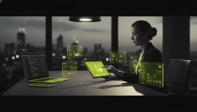 HR manager reviewing employee communication apps on a tablet in a modern office setting