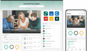 mangoapps reviews display employee intranet dashboard with collaboration tools, communication features, and mobile app interface for workplace engagement