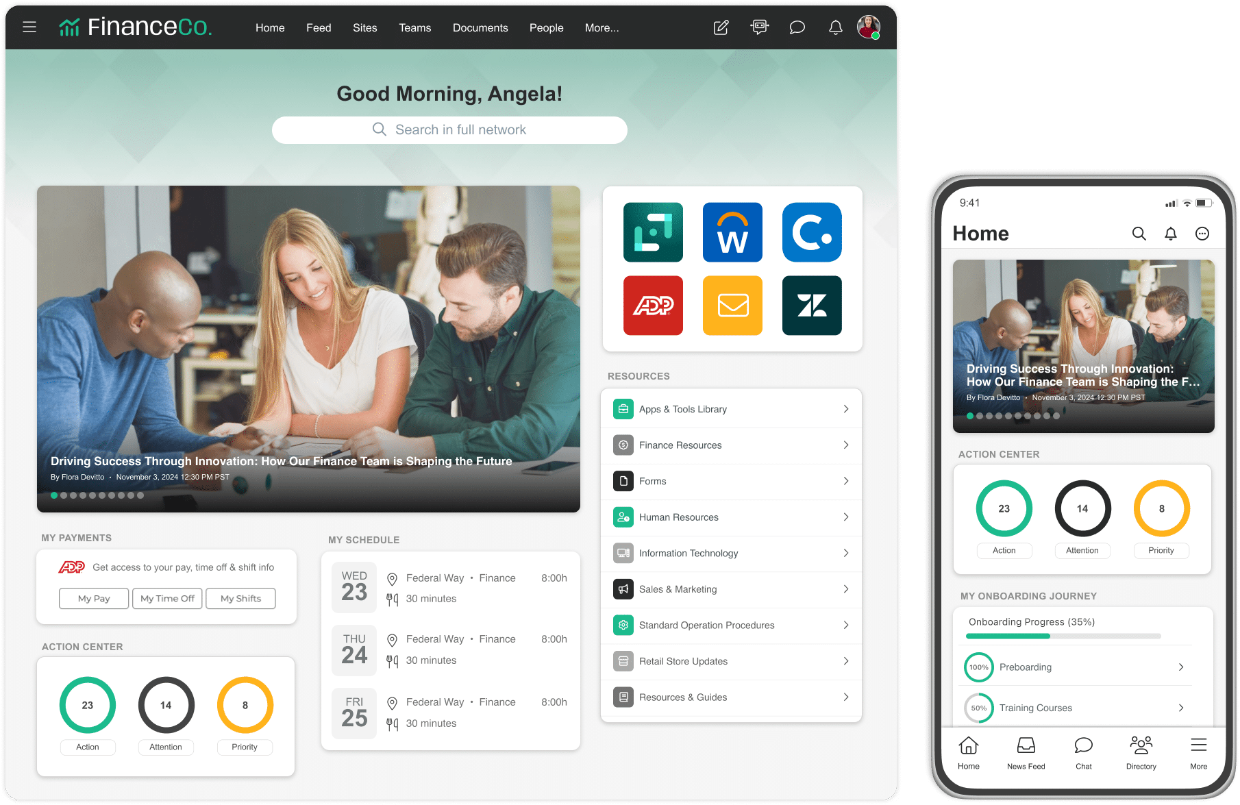 mangoapps reviews display employee intranet dashboard with collaboration tools, communication features, and mobile app interface for workplace engagement