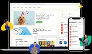 Axero intranet dashboard showcasing employee communication, content management, and mobile accessibility features across desktop and smartphone devices.