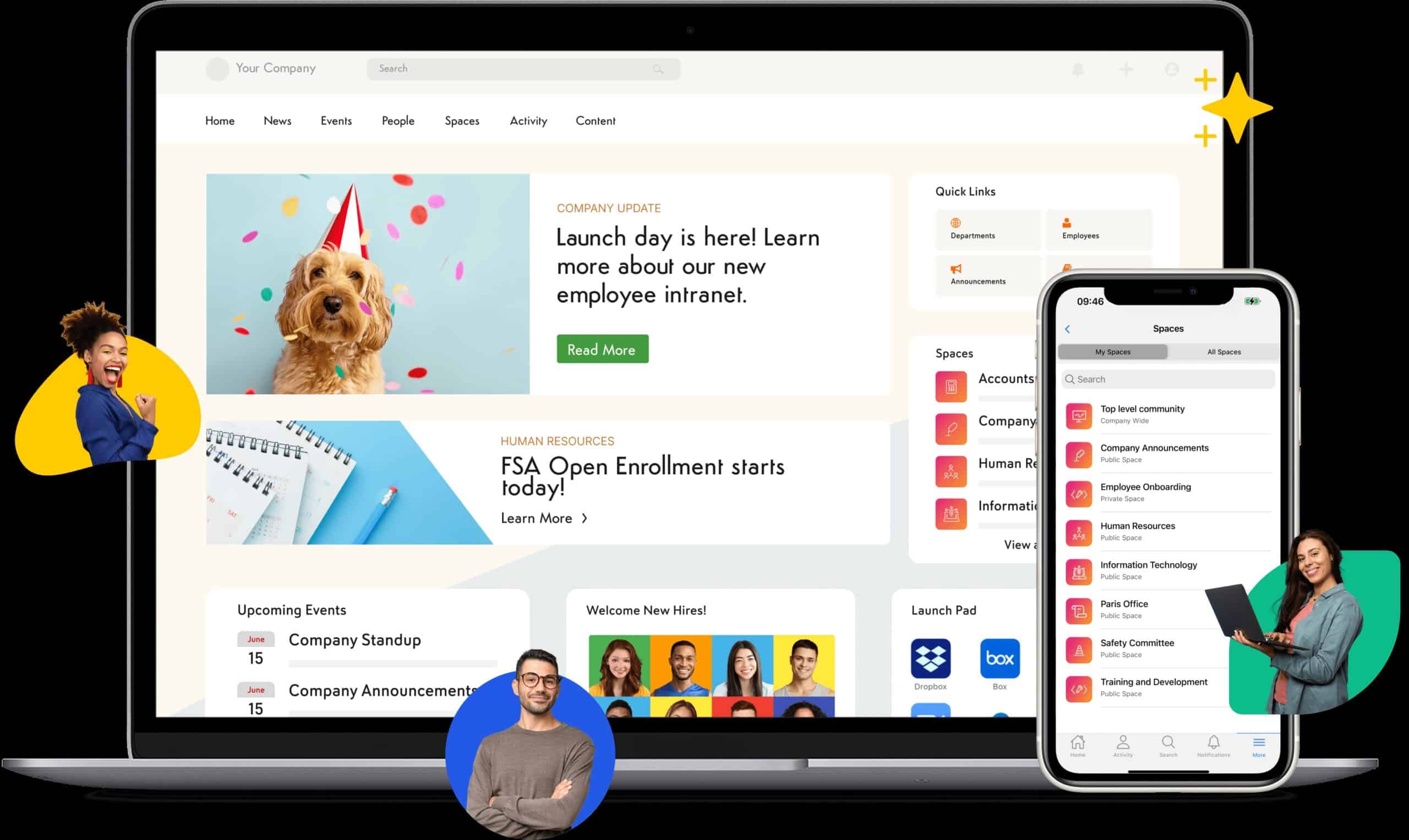 Axero intranet dashboard showcasing employee communication, content management, and mobile accessibility features across desktop and smartphone devices.