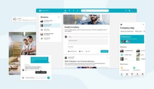 Beekeeper employee communication platform dashboard showing mobile app, messaging, streams, and workplace updates interface for frontline teams