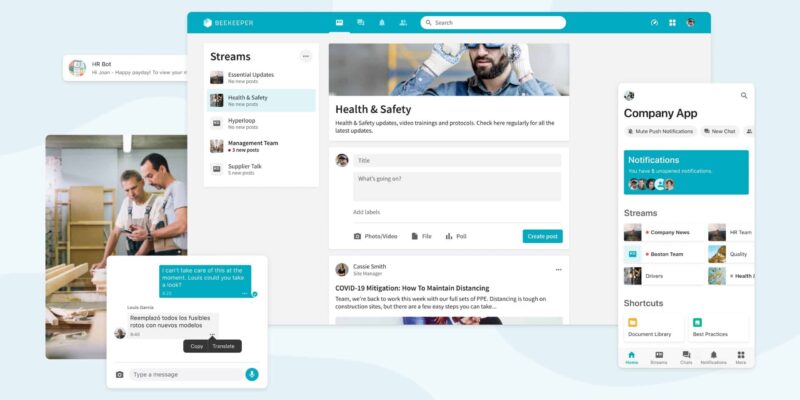 Beekeeper employee communication platform dashboard showing mobile app, messaging, streams, and workplace updates interface for frontline teams