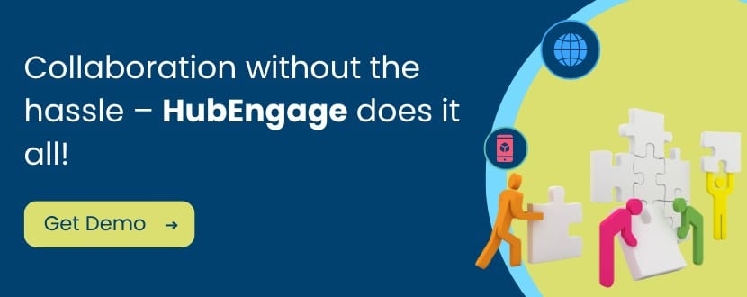 CTA banner highlighting HubEngage collaboration platform with demo call-to-action and teamwork illustration to resolve corporate communication challenges