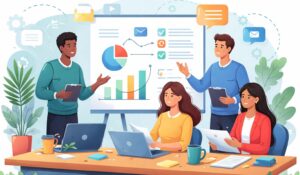 Corporate Communication Challenges illustration showing a diverse team collaborating, sharing ideas, and reviewing data dashboards in a modern workplace