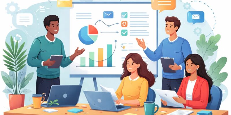 Corporate Communication Challenges illustration showing a diverse team collaborating, sharing ideas, and reviewing data dashboards in a modern workplace
