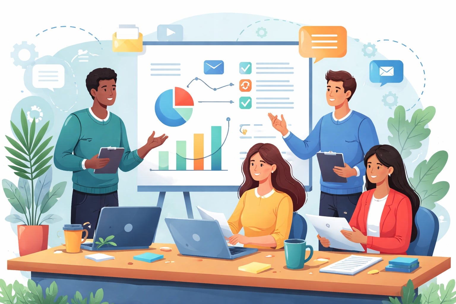 Corporate Communication Challenges illustration showing a diverse team collaborating, sharing ideas, and reviewing data dashboards in a modern workplace