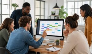 Group of employees collaborating on a computer to create employee schedule using modern scheduling software in a bright office.