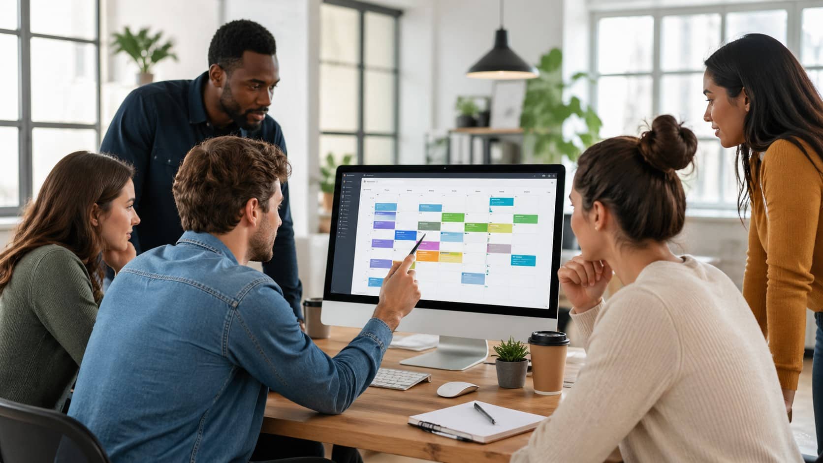 Group of employees collaborating on a computer to create employee schedule using modern scheduling software in a bright office.