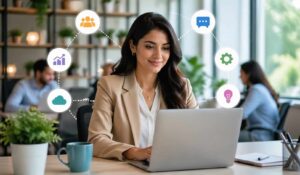 Professional using a laptop in a modern office with connected tools, representing a digital employee experience platrform enhancing communication and productivity.